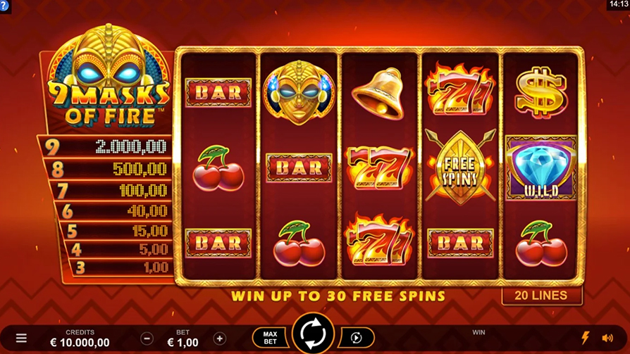 Play 9 Masks of Fire Slot at JeffBet
Courtesy of Microgaming, in partnership with boutique game manufacturer Gameburger Studios, we bring you the 9 Masks of Fire online slot, released to the market in 2019.  Based on an African theme, especially considering the type of symbols included in the slot, there is ample opportunity to win numerous rewards. The graphics and even the sounds are interesting, depicting somewhat of an African tribal feel, set on a five reel, three row grid.  Meanwhile, the 9 Masks of Fire slot free play mode allows you to access the game's demo mode, which is perfect if you are new to online slots and want to get accustomed to it before wagering real money.  Our 9 Masks of Fire slot review gives you a detailed outline of how this works and get a feel for it!  9 Masks of Fire Slot Bonuses And Features
9 Masks of Fire has numerous features, with many interesting symbols that make up the gameplay.  Scatter symbols play a key role here, and, as such, the symbol depicts a glowing eyed mask that can land anywhere, either as a single or stacked, while getting over three of these leads to prizes.  When 3, 4, 5, 6, 7, 8, or 9 Masks appear, the payouts amount 1x, 5x, 15x, 40x, 100x, 500x, and 2000x your stake, respectively.  The last symbol, in addition to the masks, reflects a Zulu-esque shield and spears, which unlocks the free spins mode, with this able to land on reels two to four. Should three appear in one go, they pay 1x your stake and activate the bonus game.  This symbol reveals itself as a wheel with different segments and prizes. During this round, you can win 10 to 30 free spins in addition to 2x and 3x multipliers.  Also, there are eight lower-value, base symbols in the game that include cherries, bars, bells and dollar signs, while four different Lucky 7 symbols are higher in value. Landing five triple Lucky 7 symbols 37.5 times your stake, while the diamond symbol is the highest paying, and essentially is the wild. This pays out 125x for getting five of a kind. These also replace every other symbol apart from the free spins and mask symbol.
How To Play 9 Masks of Fire Slot - Rules & Tips
With a betting range of £0.20 up to £60 per spin, there really is a great opportunity to win a lucrative amount if you get lucky while playing 9 Masks of Fire, while it is also easy to change the amount that you want to bet each time in the bet line - though make sure your account is credited!  There is also an autoplay feature visible on the screen where you designate how many spins that you want to use this for, though if you are an inexperienced player, we recommend you try using this on the demo mode of the game first.
9 Masks of Fire Slot RTP
The Return-to-Player (RTP) rate for the 9 Masks of Fire slot is set at 96.24% - just slightly above average for the current industry benchmark. This means that for every £100 that is wagered on the slot on average, the payout will be £96.24. The slot’s random number generator ensures fairness.
9 Masks of Fire Slot FAQs
Below we have answered the most frequently asked questions about 9 Masks of Fire.

